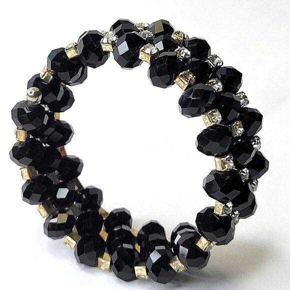 Black Bead Wraparound Stretch Slip-on Cuff Bangle - Picture 6 of 8